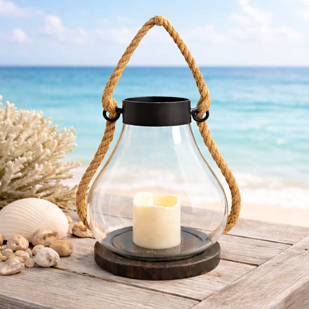 Vintage Style Glass Pedestal Lantern Rope Handle & LED Candle Indoor Outdoor - Picture 3 of 9